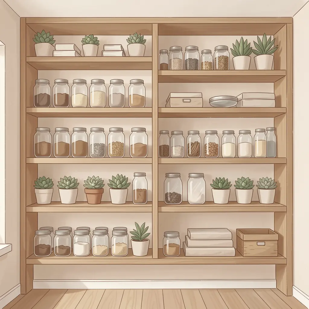 Organized home interior illustration with neatly arranged shelves and storage