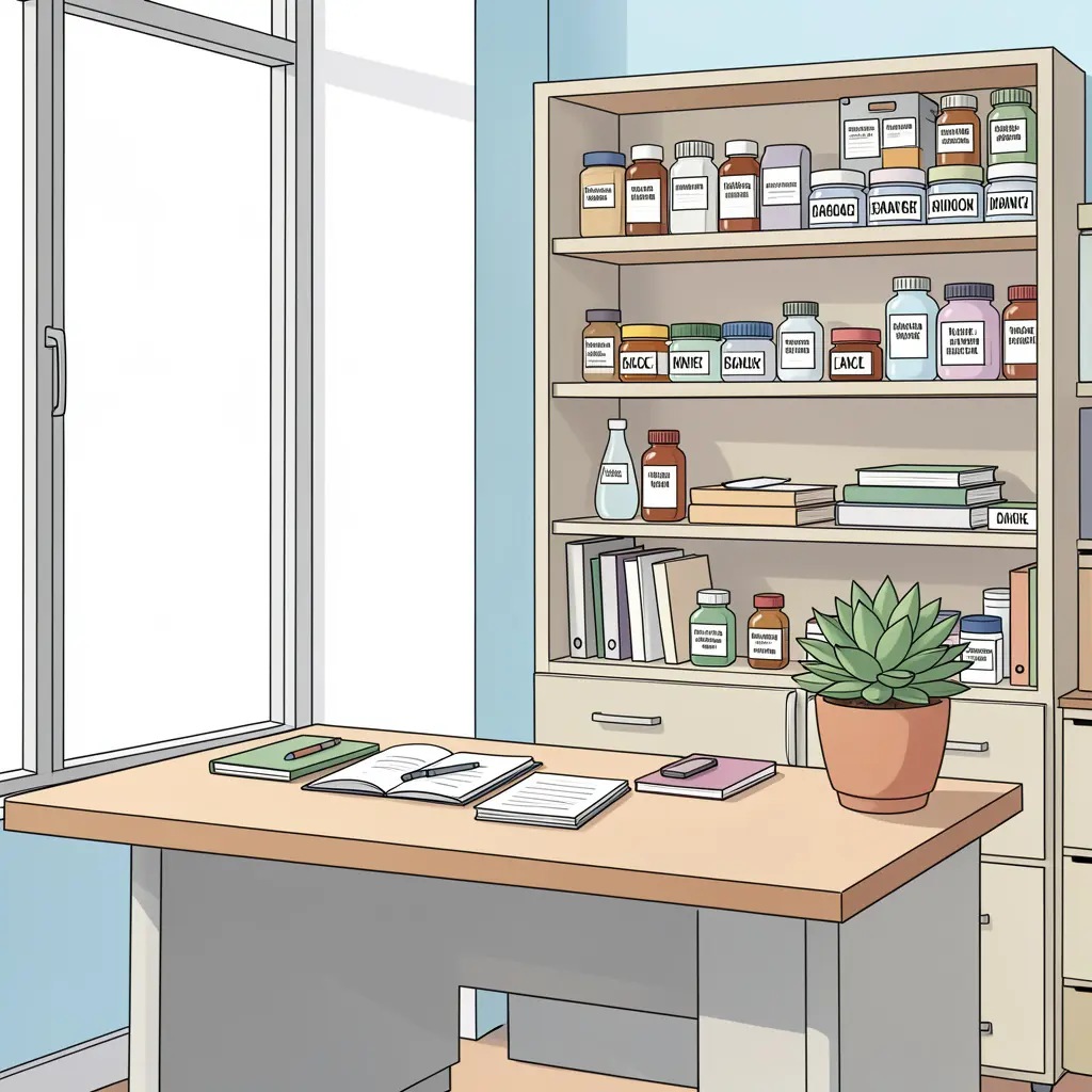 Clean organized office workspace illustration with tidy desk and storage